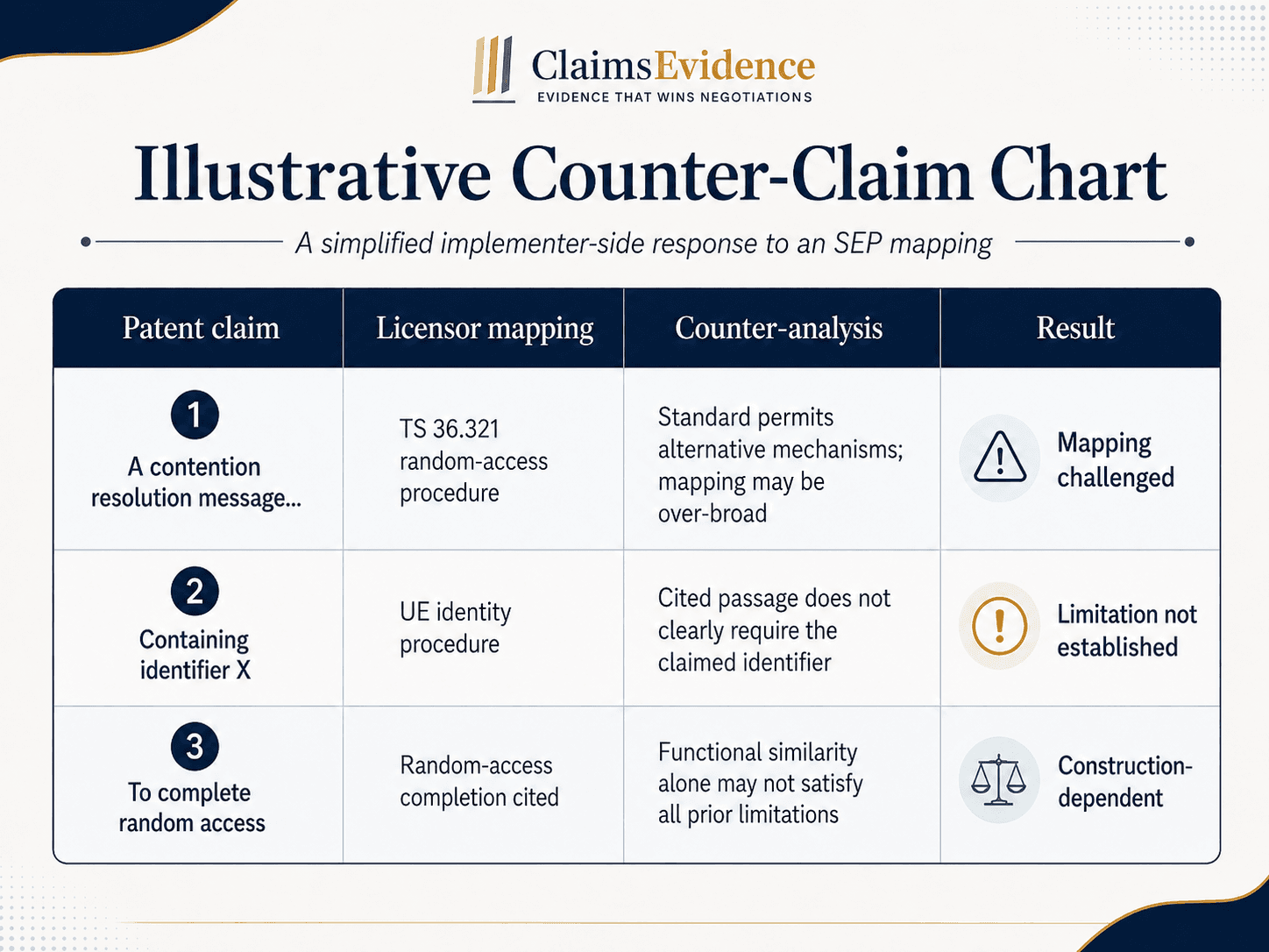 Illustrative counter-claim chart comparing patent limitations, licensor mapping, counter-analysis and resulting challenges