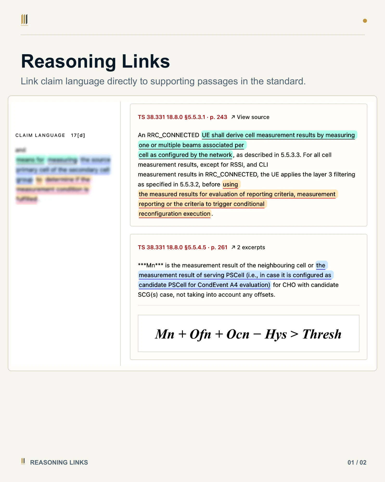 Reasoning Links join redacted claim phrases to matching passages and a measurement formula in TS 38.331