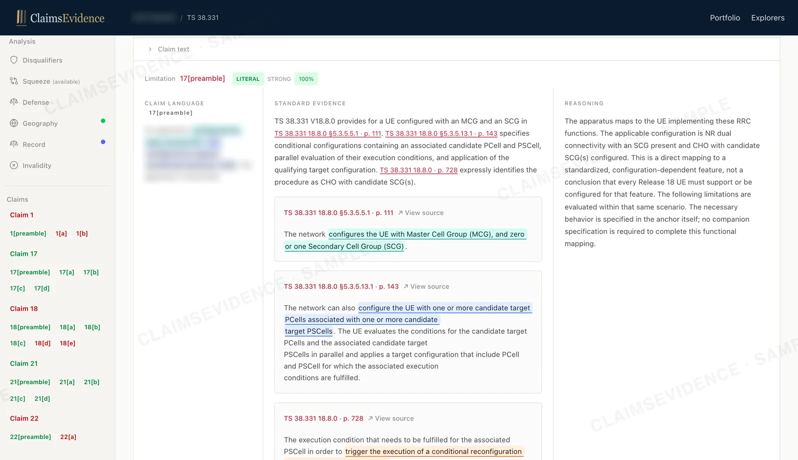 Claim limitation mapped to TS 38.331 passages, with matching colours linking claim language to standard evidence