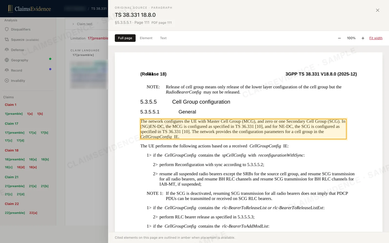 Original TS 38.331 page 111 with the cited paragraph on cell group configuration outlined in amber